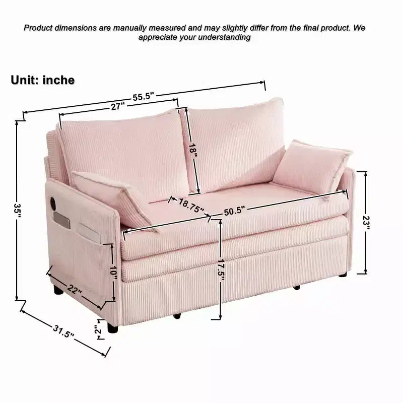 3-in-1 Corduroy Convertible Sofa Bed with USB and Side Pocket Storage, Twin Pull Out Sleeper Couch for Guest Room or Apartment - Panipeachy