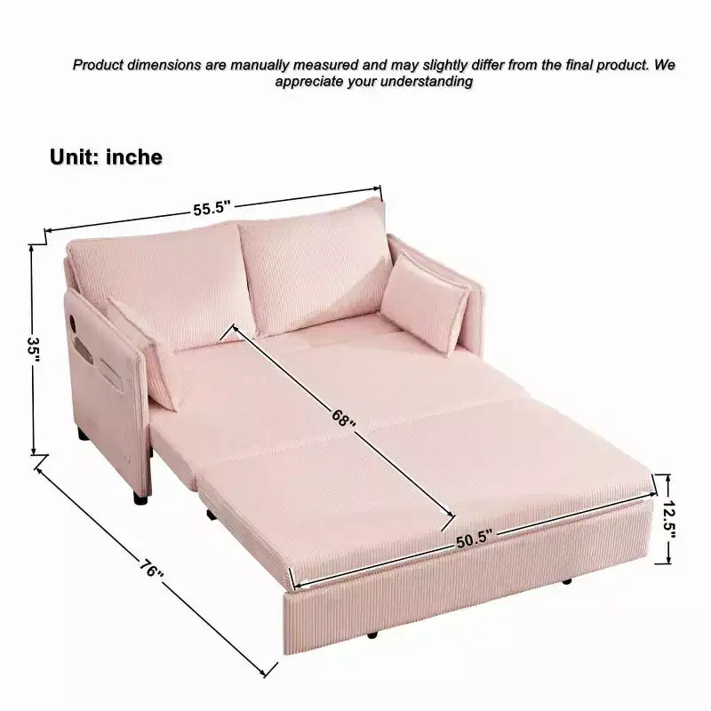 3-in-1 Corduroy Convertible Sofa Bed with USB and Side Pocket Storage, Twin Pull Out Sleeper Couch for Guest Room or Apartment - Panipeachy