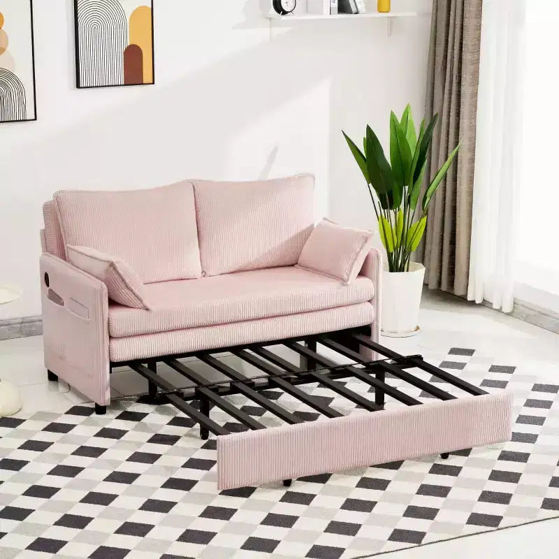 3-in-1 Corduroy Convertible Sofa Bed with USB and Side Pocket Storage, Twin Pull Out Sleeper Couch for Guest Room or Apartment - Panipeachy