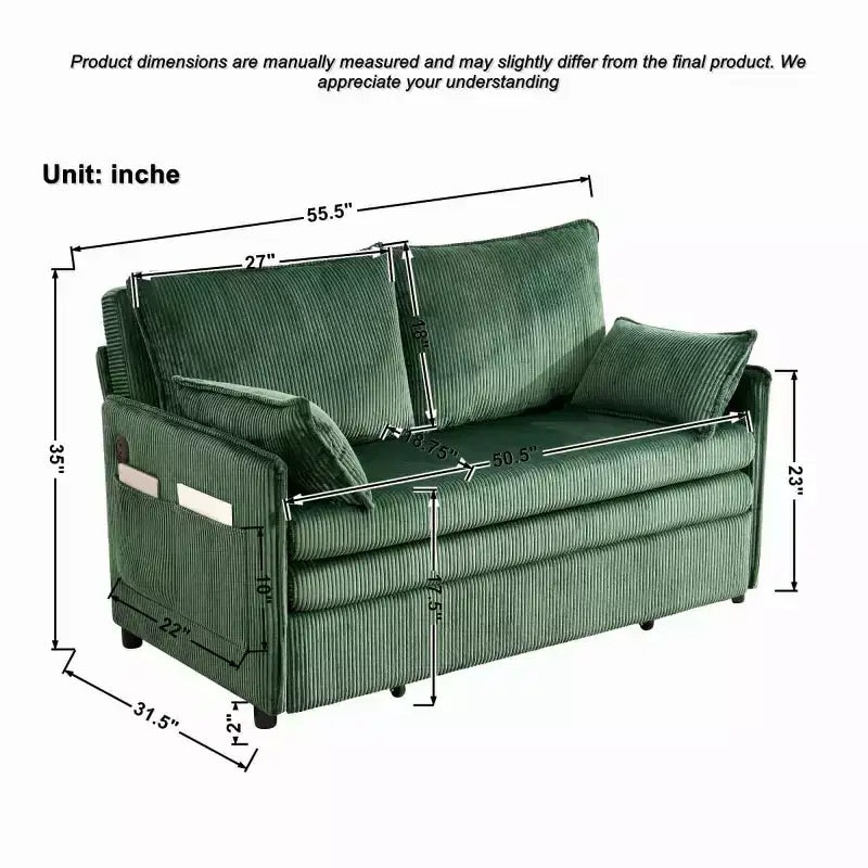 3-in-1 Corduroy Convertible Sofa Bed with USB and Side Pocket Storage, Twin Pull Out Sleeper Couch for Guest Room or Apartment - Panipeachy