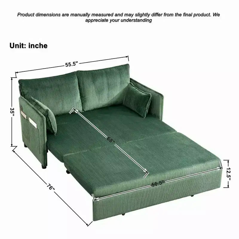 3-in-1 Corduroy Convertible Sofa Bed with USB and Side Pocket Storage, Twin Pull Out Sleeper Couch for Guest Room or Apartment - Panipeachy