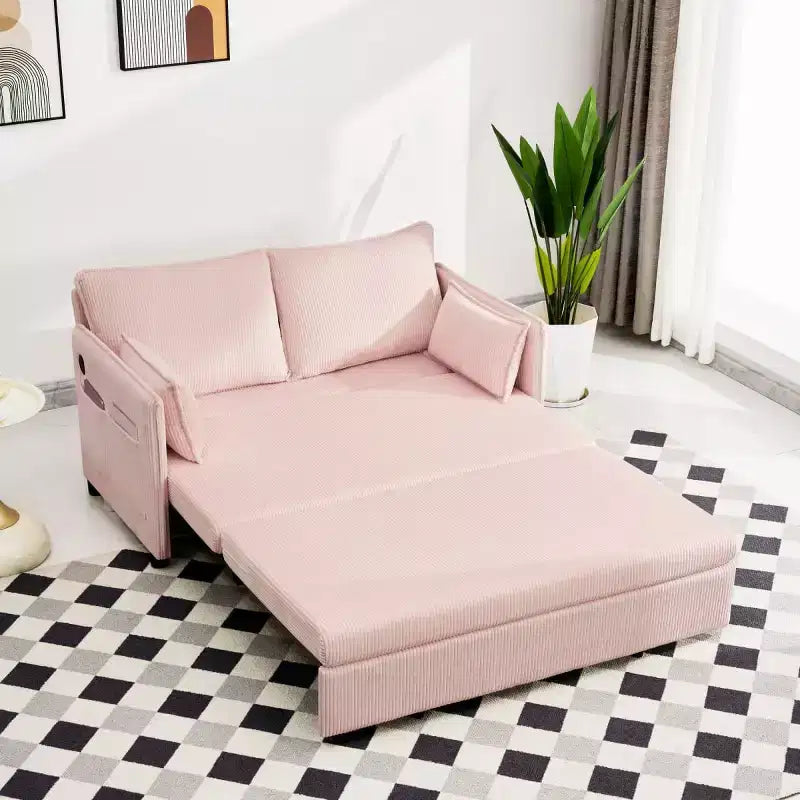 3-in-1 Corduroy Convertible Sofa Bed with USB and Side Pocket Storage, Twin Pull Out Sleeper Couch for Guest Room or Apartment - Panipeachy