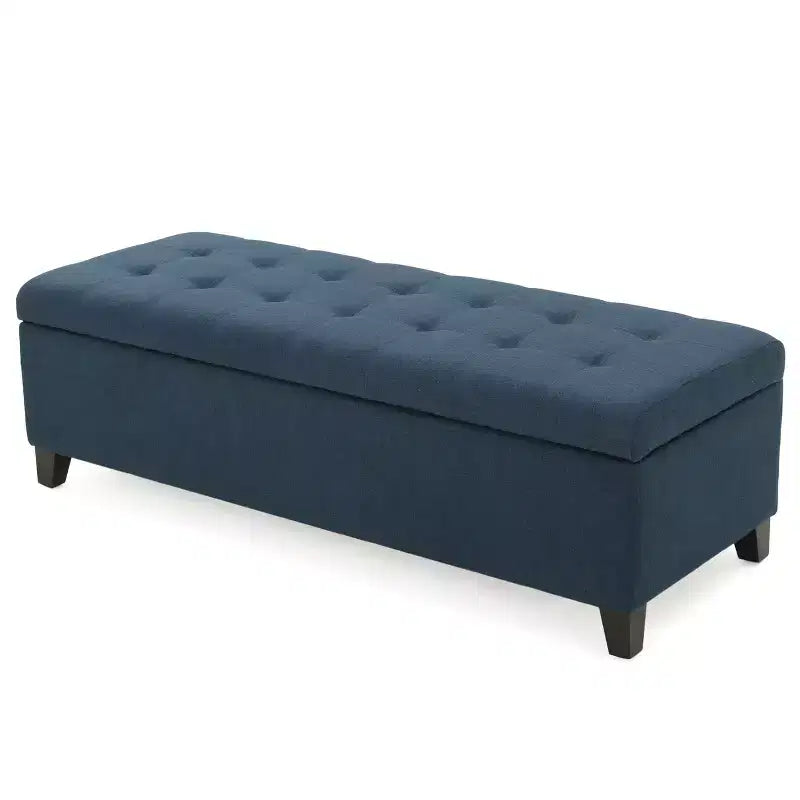 Okak Upholstered Storage Ottoman with Tufted Waffle Stitching, Storage Bench with Wooden Legs, Entryway Bench for Living Room, Navy Blue