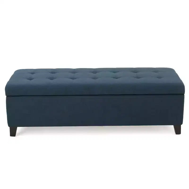 Okak Upholstered Storage Ottoman with Tufted Waffle Stitching, Storage Bench with Wooden Legs, Entryway Bench for Living Room, Navy Blue
