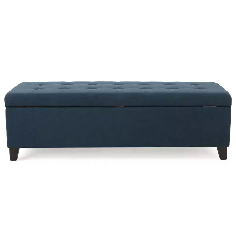Okak Upholstered Storage Ottoman with Tufted Waffle Stitching, Storage Bench with Wooden Legs, Entryway Bench for Living Room, Navy Blue