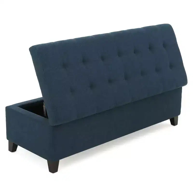 Okak Upholstered Storage Ottoman with Tufted Waffle Stitching, Storage Bench with Wooden Legs, Entryway Bench for Living Room, Navy Blue