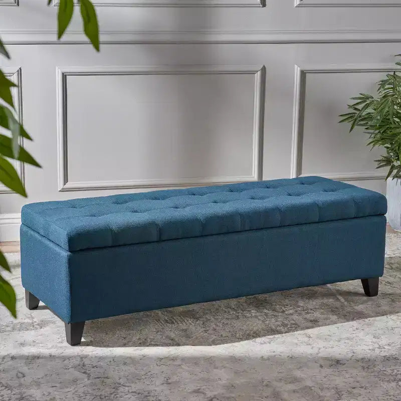 Okak Upholstered Storage Ottoman with Tufted Waffle Stitching, Storage Bench with Wooden Legs, Entryway Bench for Living Room, Navy Blue