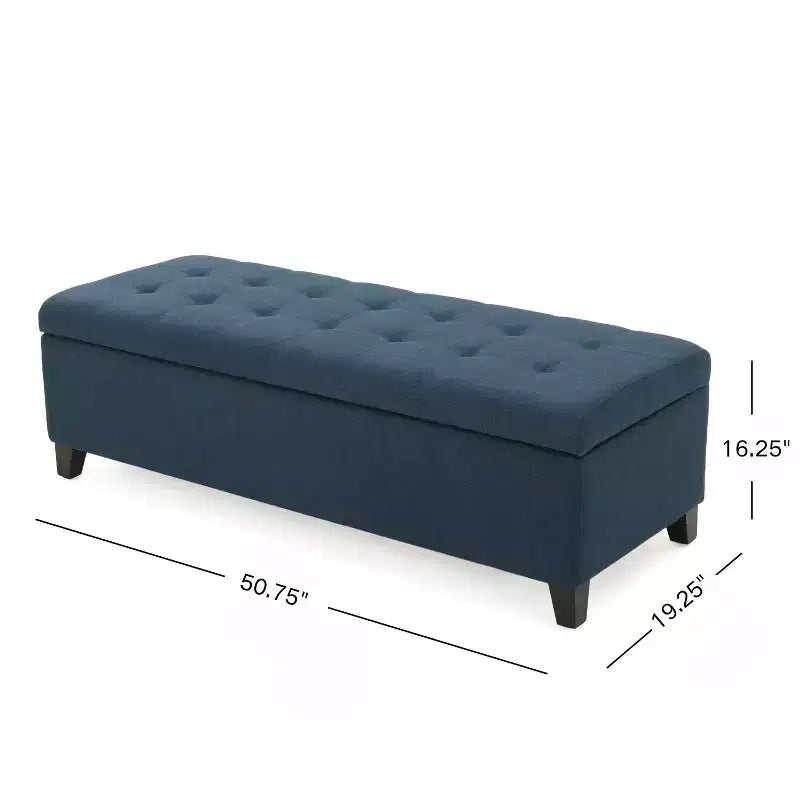 Okak Upholstered Storage Ottoman with Tufted Waffle Stitching, Storage Bench with Wooden Legs, Entryway Bench for Living Room, Navy Blue
