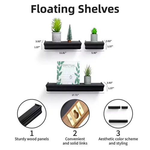17.9 Brown Floating Shelf C invisible-bracket wood wall mount, perfect bathroom/bedroom/kitchen dcor or book/plant display, easy install.