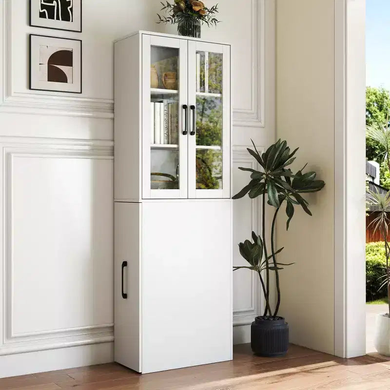 70.87in Display Storage Cabinet with 4-Tier Multi-functional Pull-out Shelf & 2 Glass Doors, Modern Wood Kitchen Pantry for Living Room Dinning Room