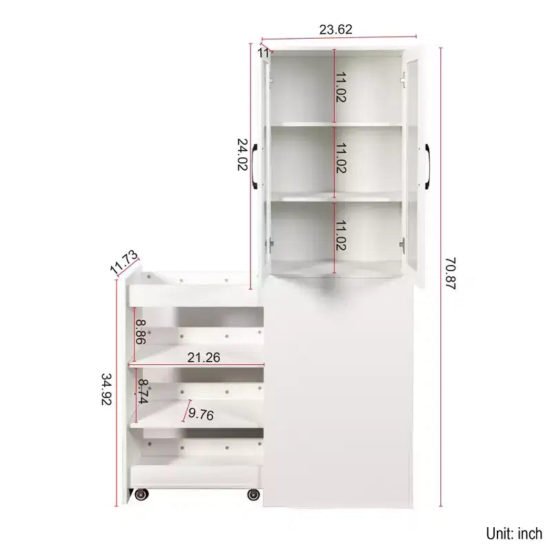 70.87in Display Storage Cabinet with 4-Tier Multi-functional Pull-out Shelf & 2 Glass Doors, Modern Wood Kitchen Pantry for Living Room Dinning Room