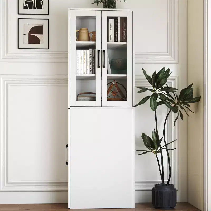70.87in Display Storage Cabinet with 4-Tier Multi-functional Pull-out Shelf & 2 Glass Doors, Modern Wood Kitchen Pantry for Living Room Dinning Room