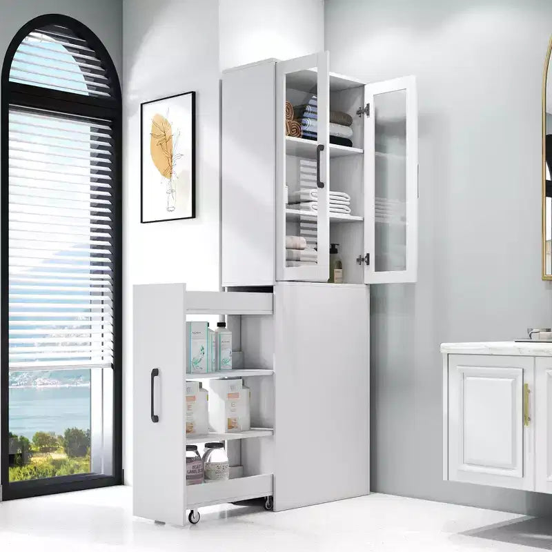 70.87in Display Storage Cabinet with 4-Tier Multi-functional Pull-out Shelf & 2 Glass Doors, Modern Wood Kitchen Pantry for Living Room Dinning Room