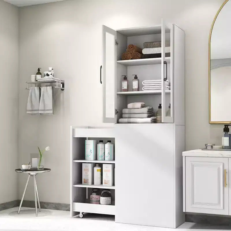 70.87in Display Storage Cabinet with 4-Tier Multi-functional Pull-out Shelf & 2 Glass Doors, Modern Wood Kitchen Pantry for Living Room Dinning Room