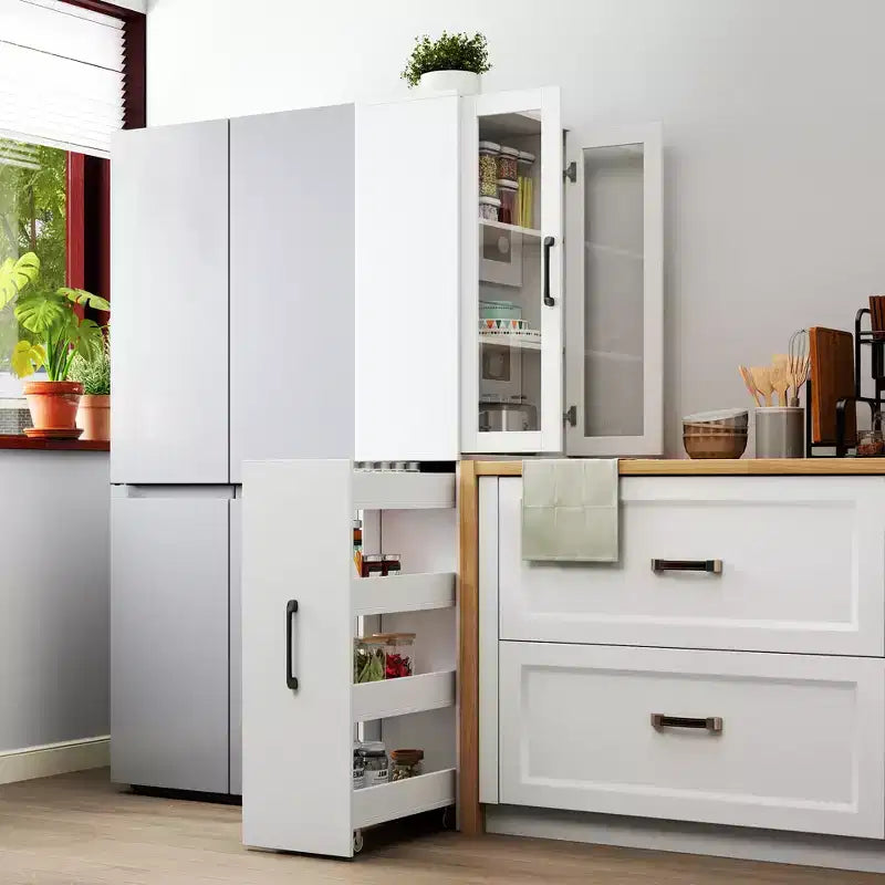 70.87in Display Storage Cabinet with 4-Tier Multi-functional Pull-out Shelf & 2 Glass Doors, Modern Wood Kitchen Pantry for Living Room Dinning Room