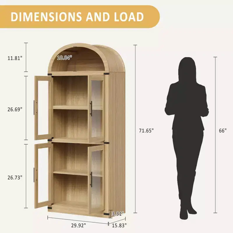 Arched Bookshelf, Tall Bookcase with Doors and Drawers Farmhouse Storage Cabinet Bookshelves for Home Office, Living Room, Bedroom