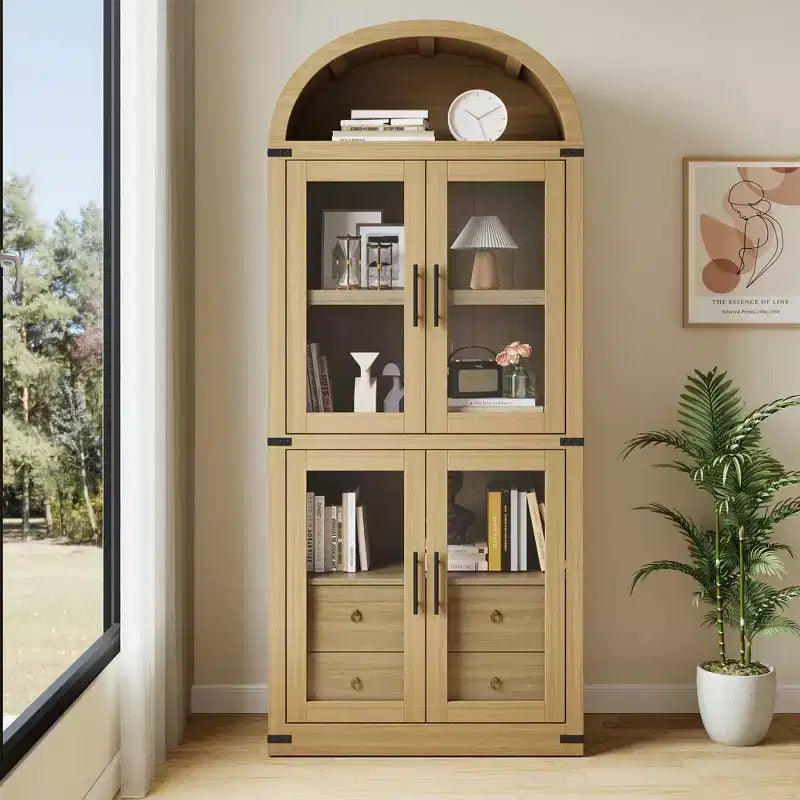 Arched Bookshelf, Tall Bookcase with Doors and Drawers Farmhouse Storage Cabinet Bookshelves for Home Office, Living Room, Bedroom