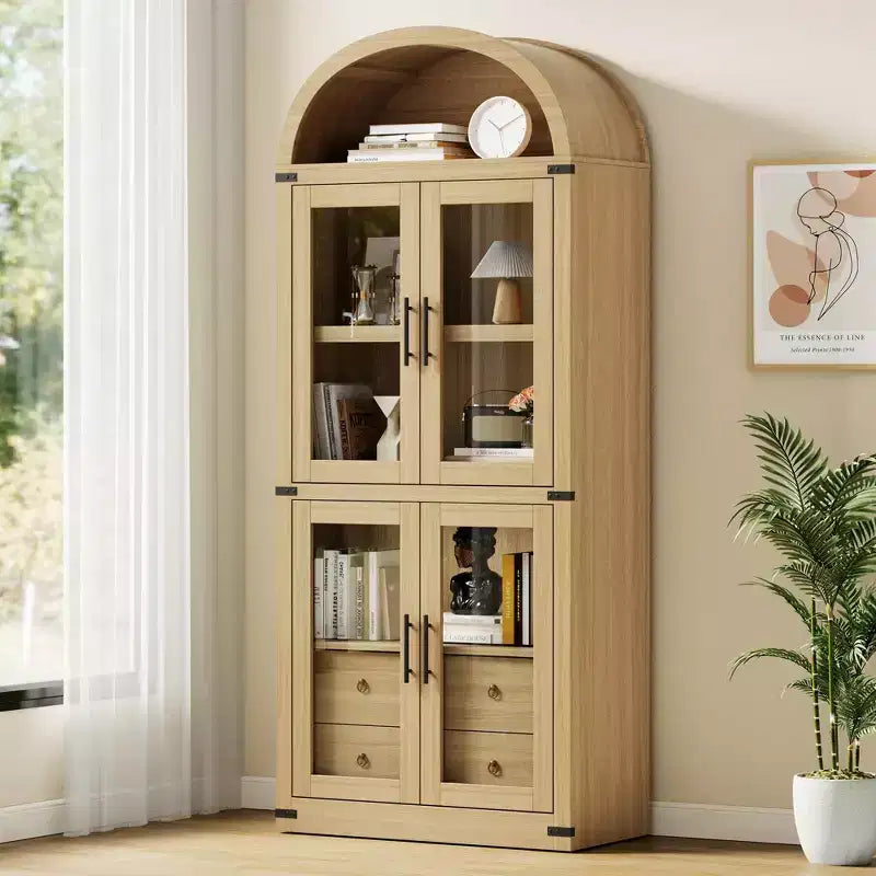 Arched Bookshelf, Tall Bookcase with Doors and Drawers Farmhouse Storage Cabinet Bookshelves for Home Office, Living Room, Bedroom
