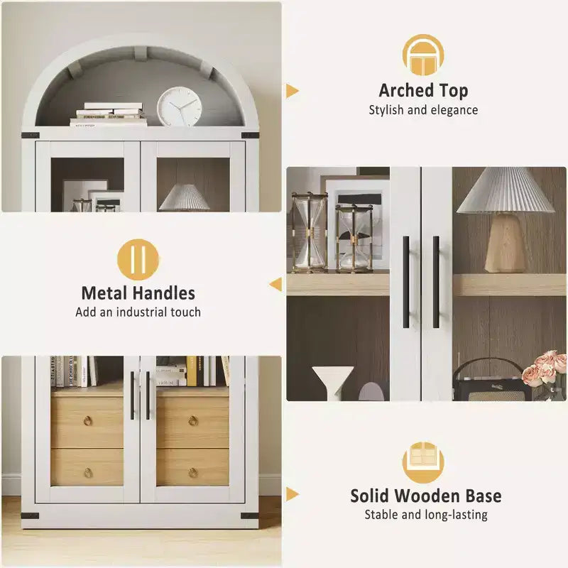 Arched Bookshelf, Tall Bookcase with Doors and Drawers Farmhouse Storage Cabinet Bookshelves for Home Office, Living Room, Bedroom