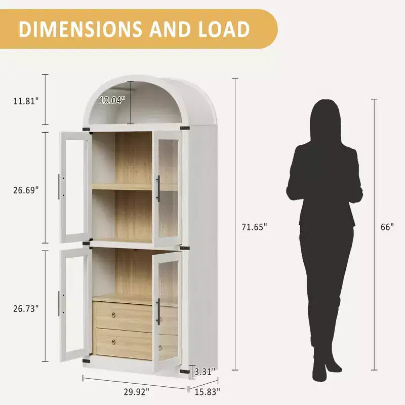 Arched Bookshelf, Tall Bookcase with Doors and Drawers Farmhouse Storage Cabinet Bookshelves for Home Office, Living Room, Bedroom