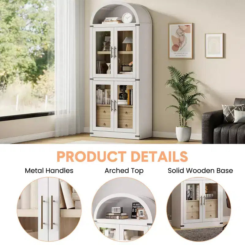 Arched Bookshelf, Tall Bookcase with Doors and Drawers Farmhouse Storage Cabinet Bookshelves for Home Office, Living Room, Bedroom