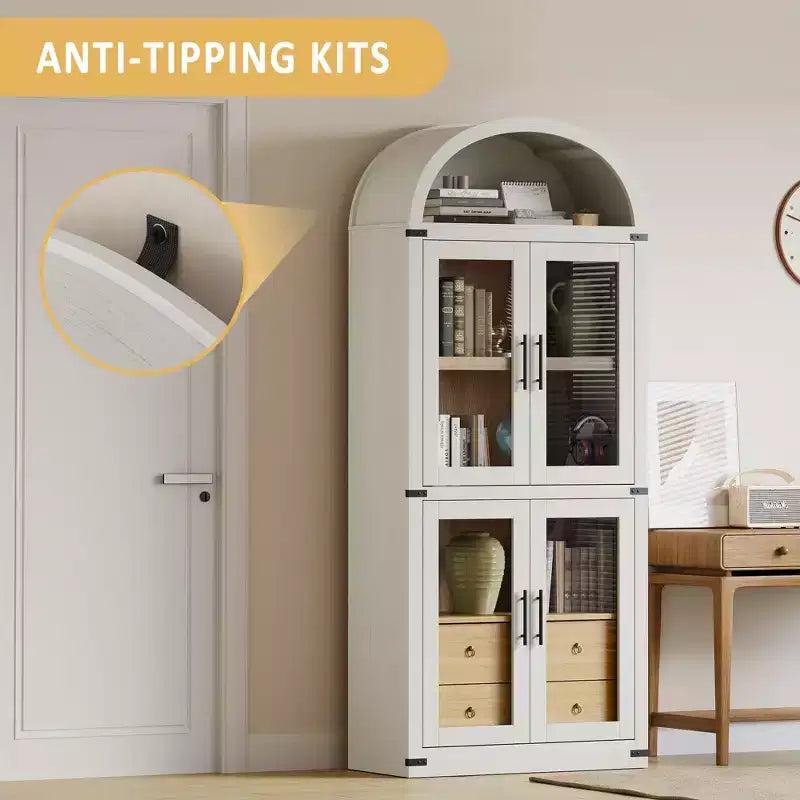 Arched Bookshelf, Tall Bookcase with Doors and Drawers Farmhouse Storage Cabinet Bookshelves for Home Office, Living Room, Bedroom