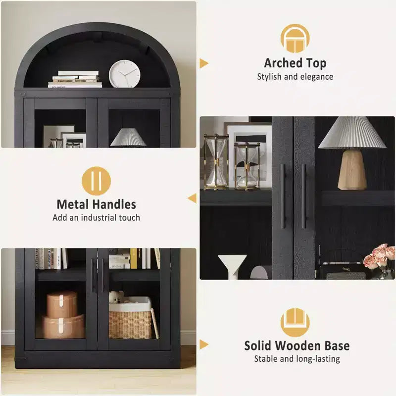 Arched Bookshelf, Tall Bookcase with Doors and Drawers Farmhouse Storage Cabinet Bookshelves for Home Office, Living Room, Bedroom