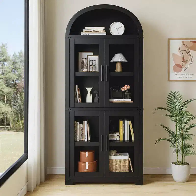 Arched Bookshelf, Tall Bookcase with Doors and Drawers Farmhouse Storage Cabinet Bookshelves for Home Office, Living Room, Bedroom