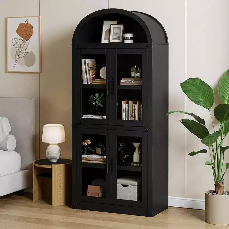 Arched Bookshelf, Tall Bookcase with Doors and Drawers Farmhouse Storage Cabinet Bookshelves for Home Office, Living Room, Bedroom