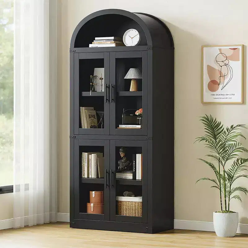 Arched Bookshelf, Tall Bookcase with Doors and Drawers Farmhouse Storage Cabinet Bookshelves for Home Office, Living Room, Bedroom