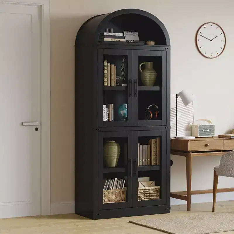 Arched Bookshelf, Tall Bookcase with Doors and Drawers Farmhouse Storage Cabinet Bookshelves for Home Office, Living Room, Bedroom