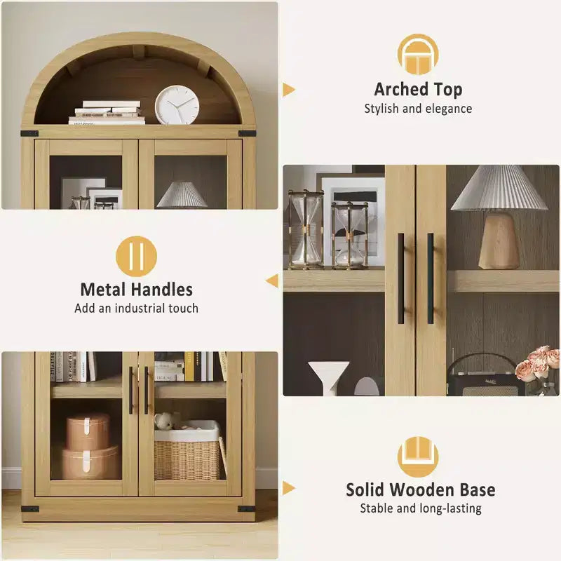 Arched Bookshelf, Tall Bookcase with Doors and Drawers Farmhouse Storage Cabinet Bookshelves for Home Office, Living Room, Bedroom