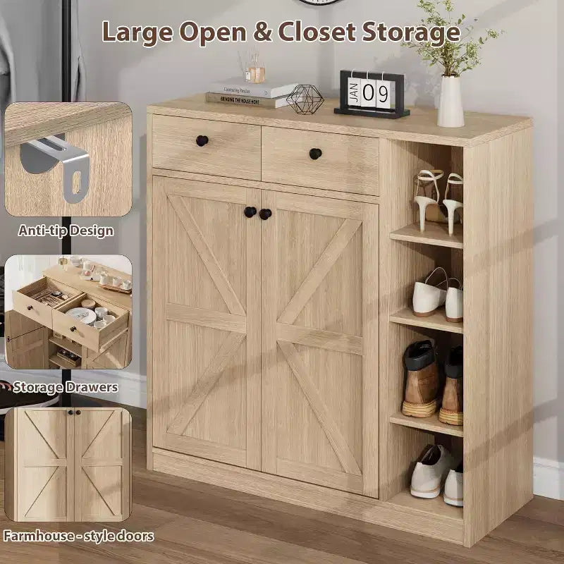 Shoe Storage Cabinet with Doors and Drawers, 42'' Tall Modern Shoe Cabinet with Adjustable Shelves and Stable Base, 4-Tier Shoes Cabinet