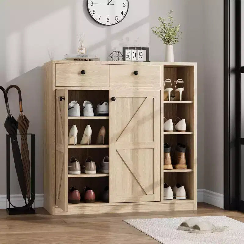 Shoe Storage Cabinet with Doors and Drawers, 42'' Tall Modern Shoe Cabinet with Adjustable Shelves and Stable Base, 4-Tier Shoes Cabinet