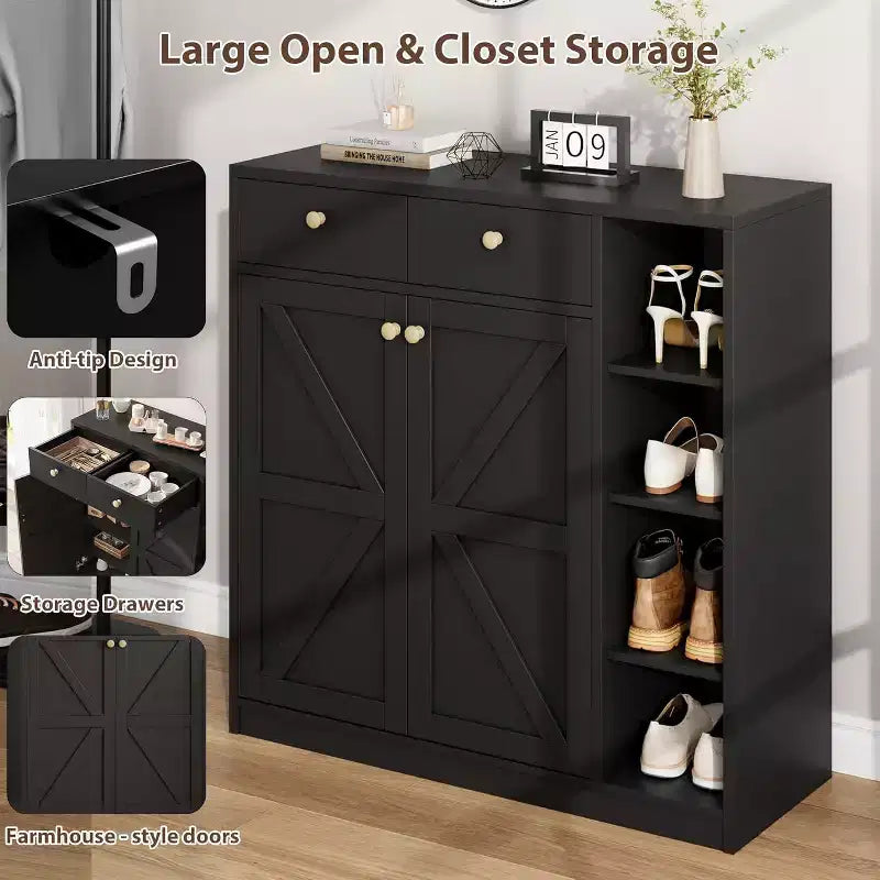 Shoe Storage Cabinet with Doors and Drawers, 42'' Tall Modern Shoe Cabinet with Adjustable Shelves and Stable Base, 4-Tier Shoes Cabinet