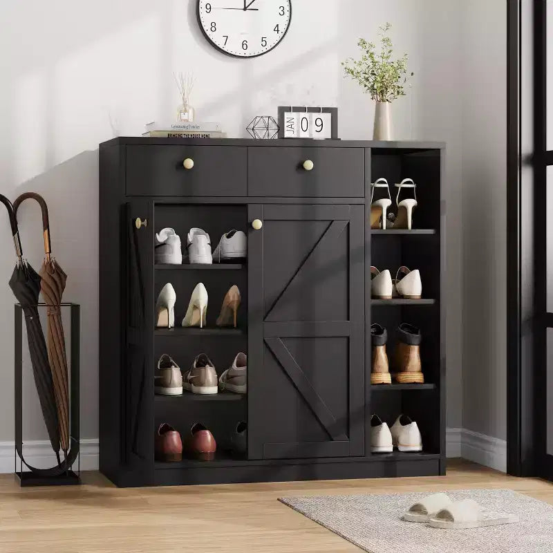 Shoe Storage Cabinet with Doors and Drawers, 42'' Tall Modern Shoe Cabinet with Adjustable Shelves and Stable Base, 4-Tier Shoes Cabinet