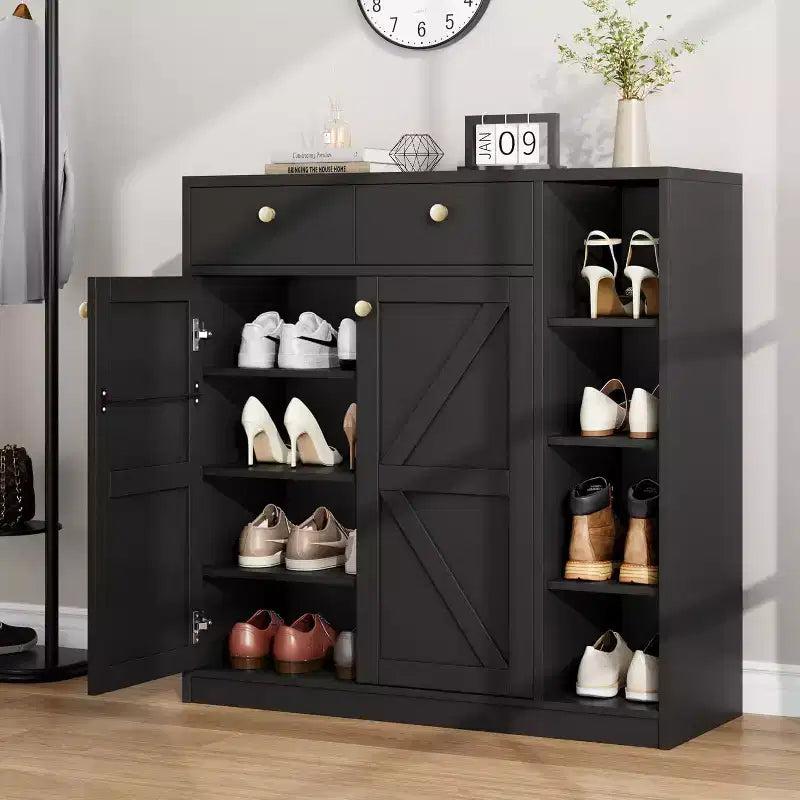 Shoe Storage Cabinet with Doors and Drawers, 42'' Tall Modern Shoe Cabinet with Adjustable Shelves and Stable Base, 4-Tier Shoes Cabinet