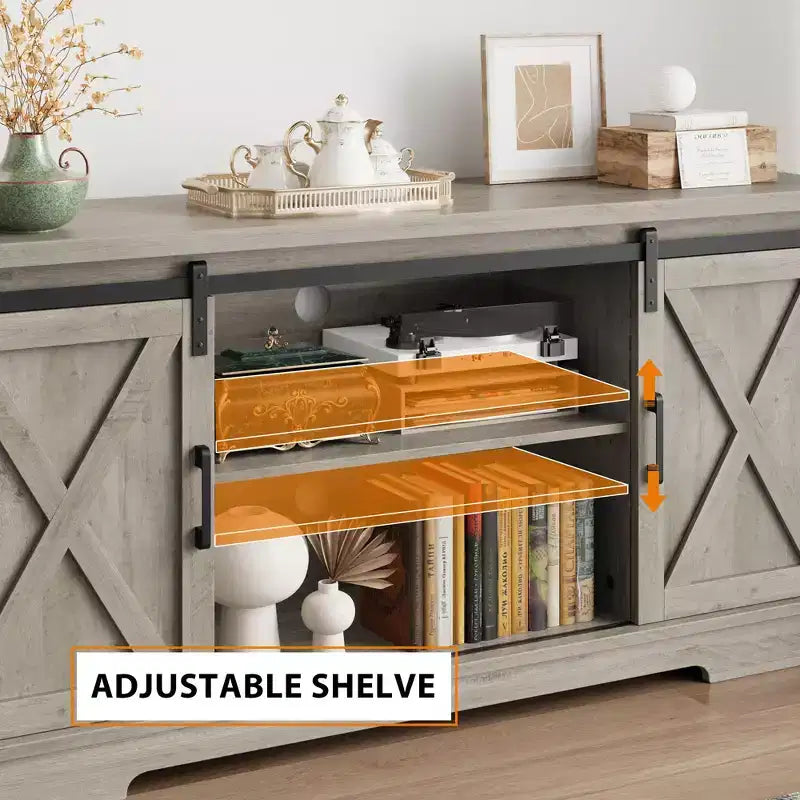 Farmhouse TV Stand for 65 Inch, Entertainment Center with Sliding Barn Door, TV Console Cabinet Furniture for Living Room-Grey