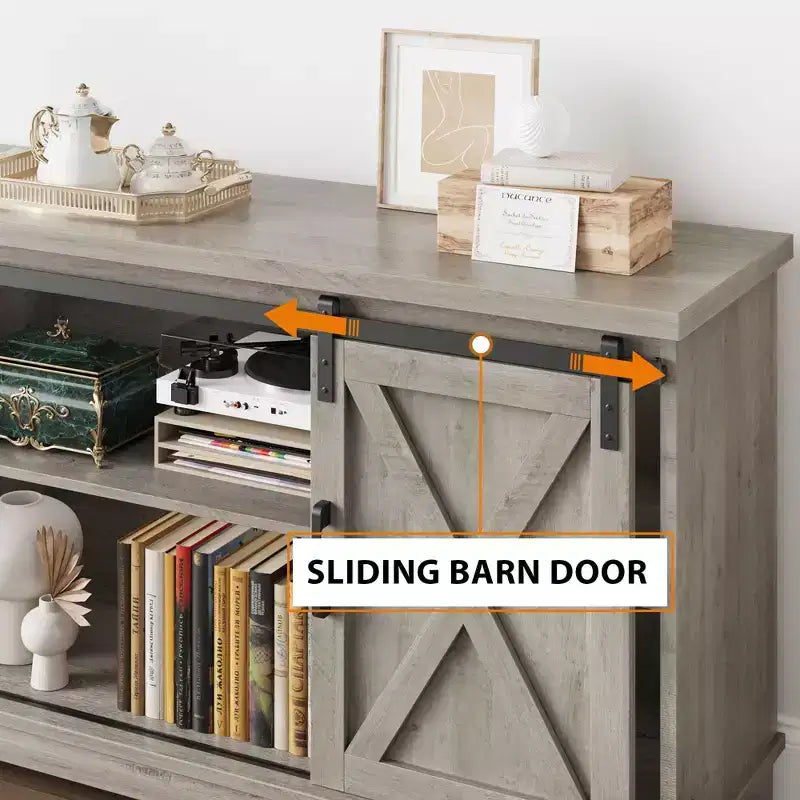 Farmhouse TV Stand for 65 Inch, Entertainment Center with Sliding Barn Door, TV Console Cabinet Furniture for Living Room-Grey