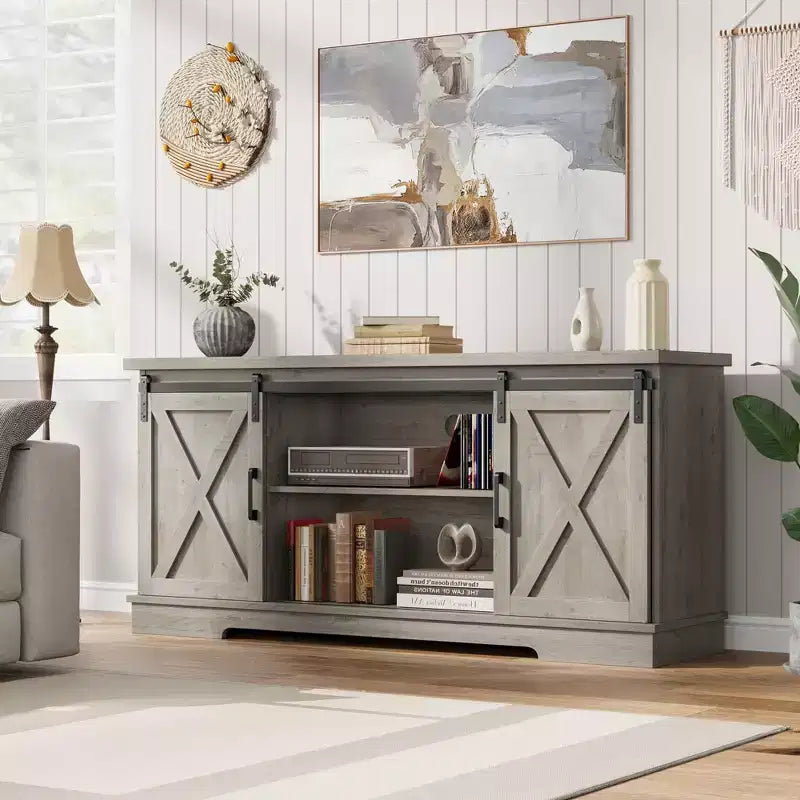 Farmhouse TV Stand for 65 Inch, Entertainment Center with Sliding Barn Door, TV Console Cabinet Furniture for Living Room-Grey