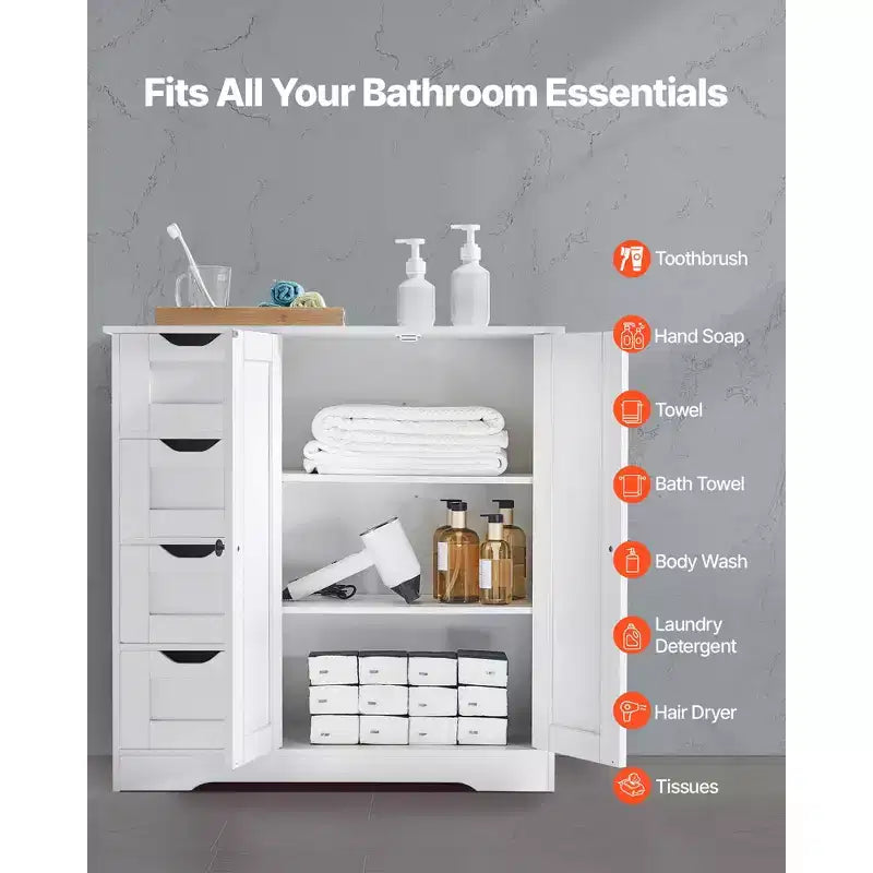 VEVOR Bathroom Floor Cabinet, 3-Tier, Wooden Storage Organizer with 2 Doors, 4 Drawers and Adjustable Shelf,for Kitchen/Living Room/Entryway Use,White