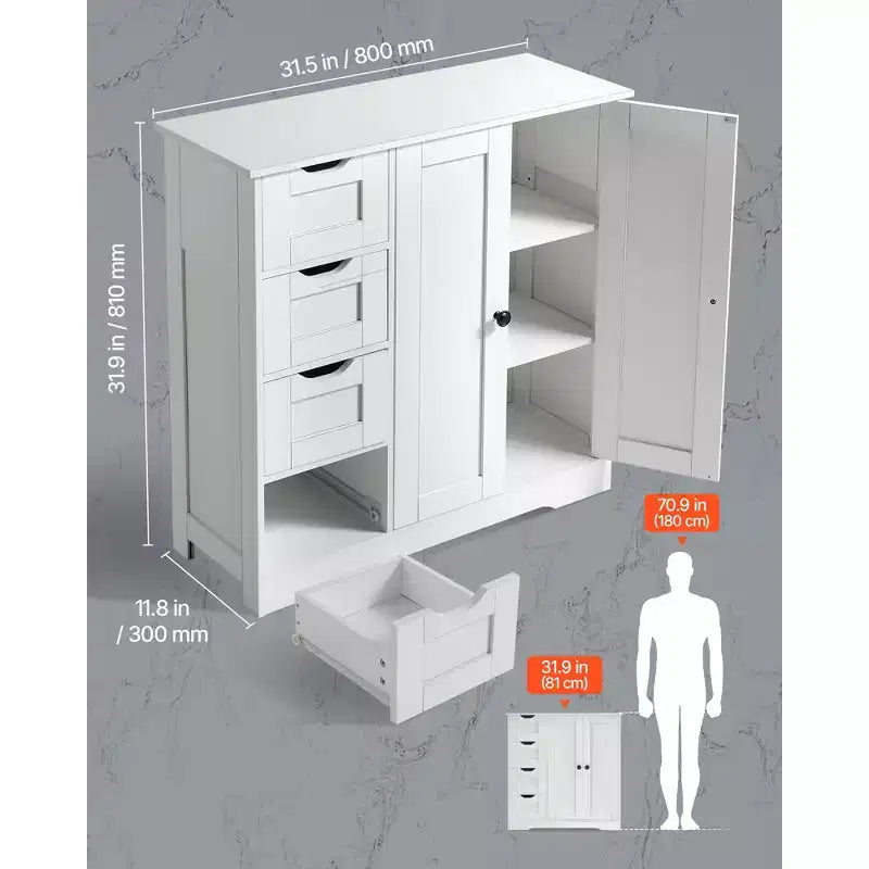 VEVOR Bathroom Floor Cabinet, 3-Tier, Wooden Storage Organizer with 2 Doors, 4 Drawers and Adjustable Shelf,for Kitchen/Living Room/Entryway Use,White