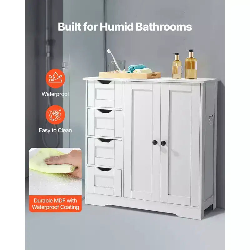 VEVOR Bathroom Floor Cabinet, 3-Tier, Wooden Storage Organizer with 2 Doors, 4 Drawers and Adjustable Shelf,for Kitchen/Living Room/Entryway Use,White