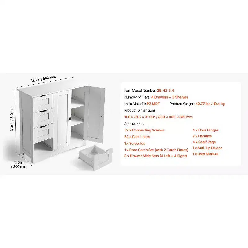 VEVOR Bathroom Floor Cabinet, 3-Tier, Wooden Storage Organizer with 2 Doors, 4 Drawers and Adjustable Shelf,for Kitchen/Living Room/Entryway Use,White