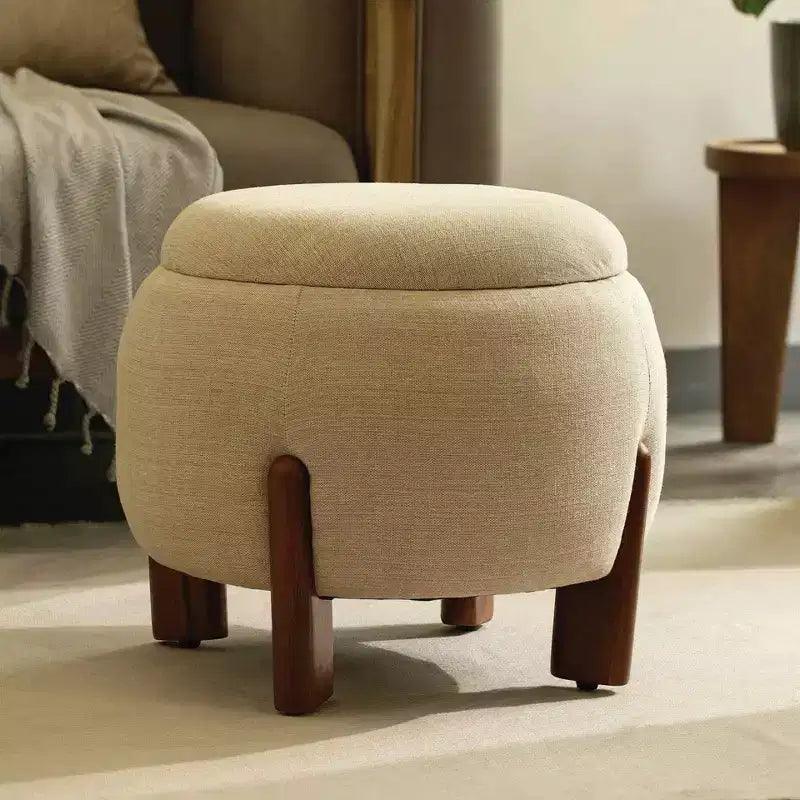 TUYOHW Handcrafted Ottoman with Mango Wood Base,Chic Round Footrest Ottoman for Bedroom & Living Room,Accent Footstool,Easy Maintenance