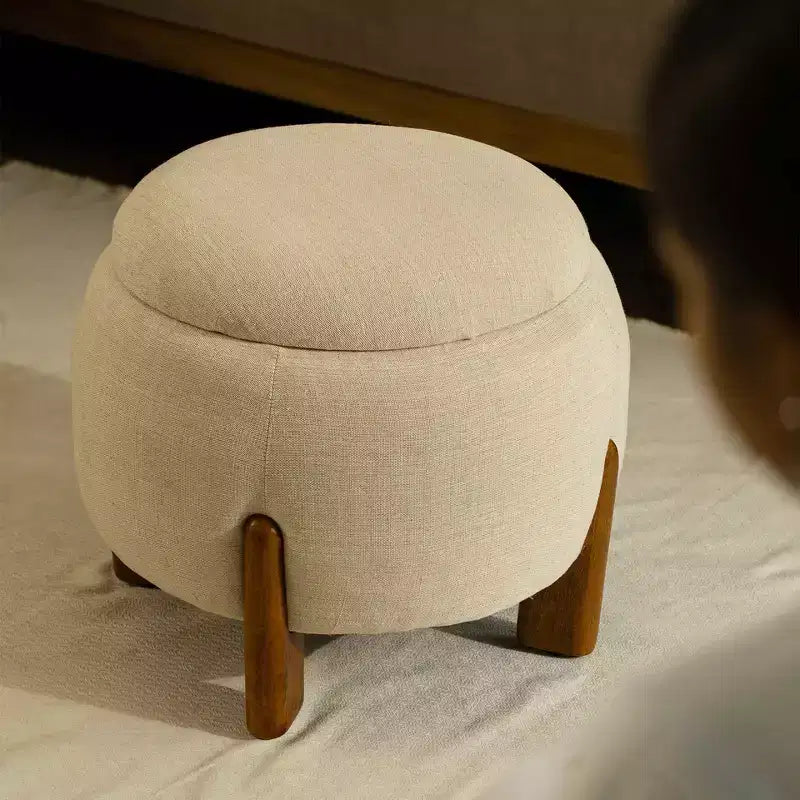 TUYOHW Handcrafted Ottoman with Mango Wood Base,Chic Round Footrest Ottoman for Bedroom & Living Room,Accent Footstool,Easy Maintenance