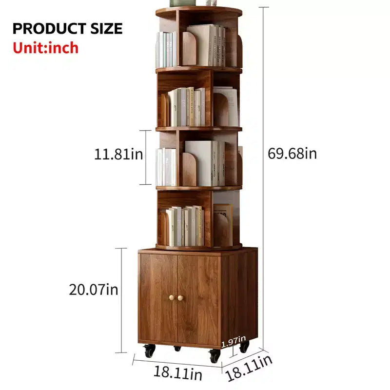 Rotating Bookshelf, 360 Degree Display 5 Tier Corner Bookshelf with Drawer for Small Space, Floor Standing Bookcase Storage Rack Wood Narrow Organizer