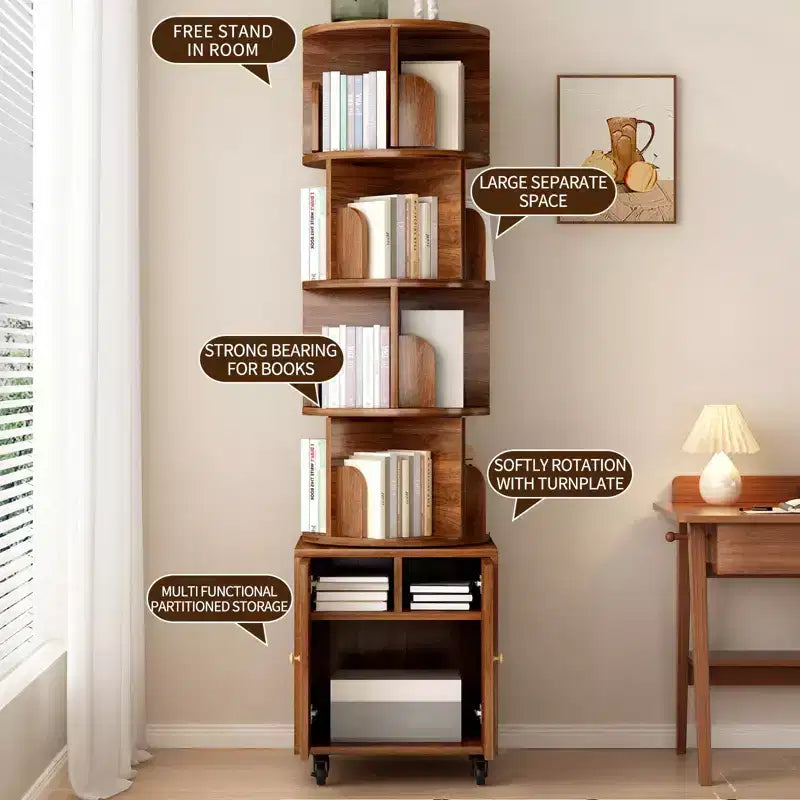 Rotating Bookshelf, 360 Degree Display 5 Tier Corner Bookshelf with Drawer for Small Space, Floor Standing Bookcase Storage Rack Wood Narrow Organizer