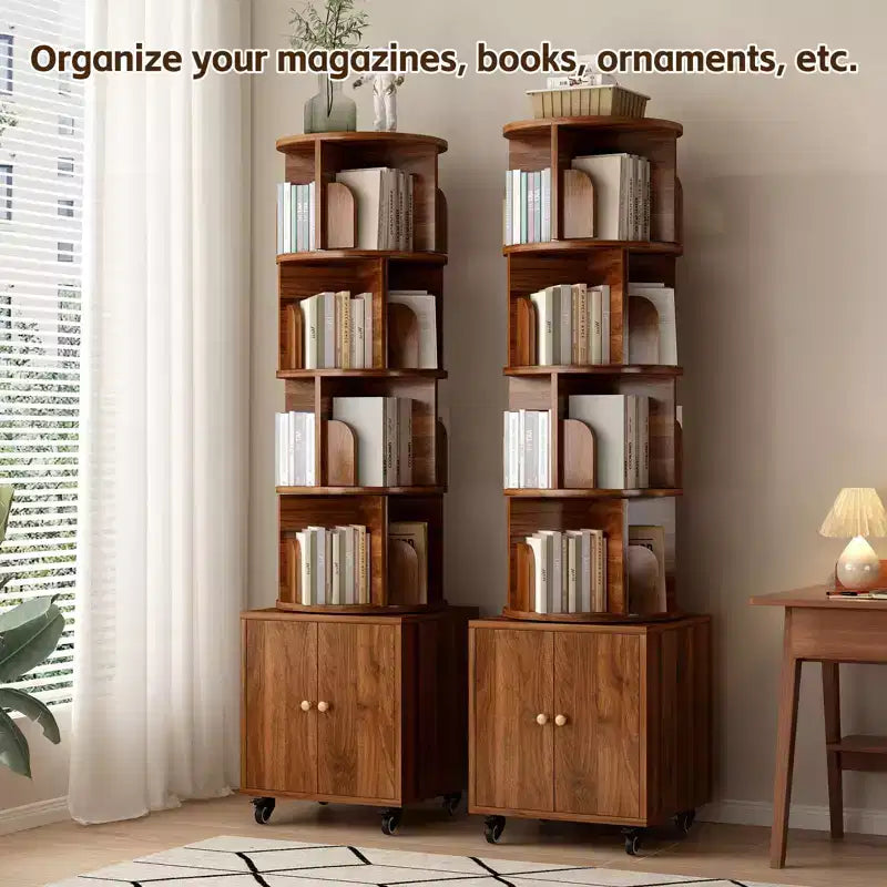 Rotating Bookshelf, 360 Degree Display 5 Tier Corner Bookshelf with Drawer for Small Space, Floor Standing Bookcase Storage Rack Wood Narrow Organizer