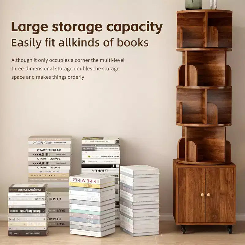 Rotating Bookshelf, 360 Degree Display 5 Tier Corner Bookshelf with Drawer for Small Space, Floor Standing Bookcase Storage Rack Wood Narrow Organizer